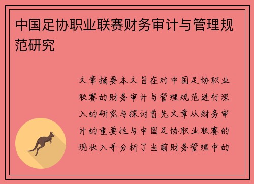 中国足协职业联赛财务审计与管理规范研究